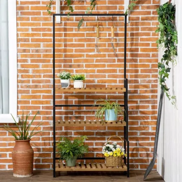 Sale Outsunny Blomsterhylde med 3 niveauer, Naturtræ & Metal, 80x36x174cm Plantestativer