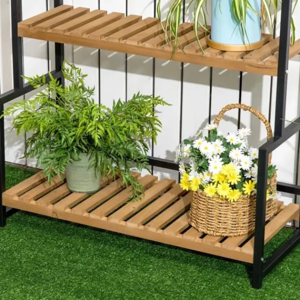 Sale Outsunny Blomsterhylde med 3 niveauer, Naturtræ & Metal, 80x36x174cm Plantestativer