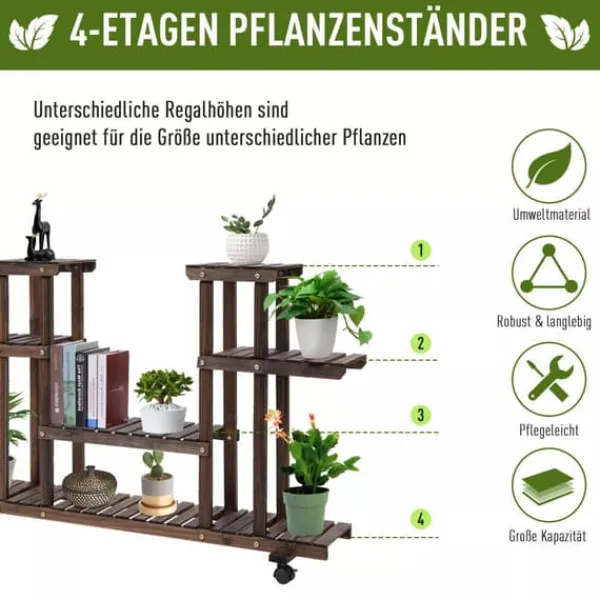 Best Outsunny Blomsterreol i Grantræ - Forkullet, 123,5x33x80cm, 4 niveauer Plantestativer