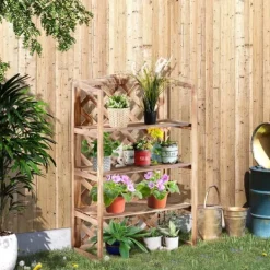 Online Outsunny Blomsterstativ i grantræ, 3 etager, natur, 75x38x120cm Plantestativer