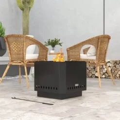Pejse^Outsunny Bordfod, Firkantet Brandskål, Røgfribrandkurv med Ildrager, Bordild til Have, Camping, Terrasse, Metal, Sort