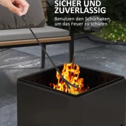 Pejse^Outsunny Bordfod, Firkantet Brandskål, Røgfribrandkurv med Ildrager, Bordild til Have, Camping, Terrasse, Metal, Sort