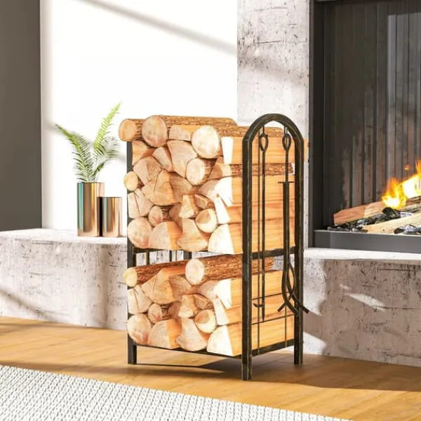 Outlet Outsunny Brndestativ 43x30x74cm Espressobrun Metal med 4 pejsevrktj Tilbehør Til Brændeovne & Pejse