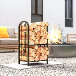 Outlet Outsunny Brndestativ 43x30x74cm Espressobrun Metal med 4 pejsevrktj Tilbehør Til Brændeovne & Pejse