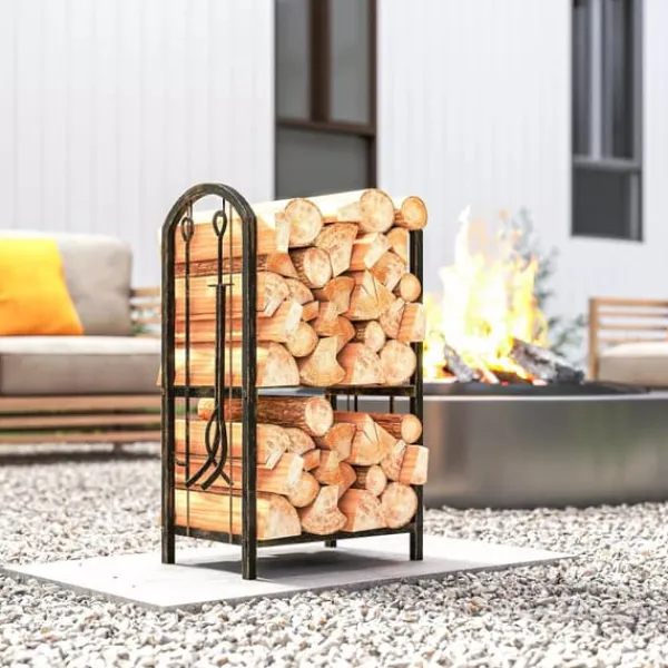 Outlet Outsunny Brndestativ 43x30x74cm Espressobrun Metal med 4 pejsevrktj Tilbehør Til Brændeovne & Pejse