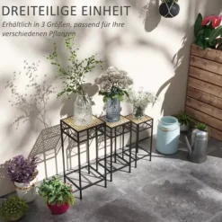 Online Outsunny 3-delt stabelbart plantestativ blomsterbord blomsterholder med rattan-look plantestativ til have altan metal guld Plantestativer