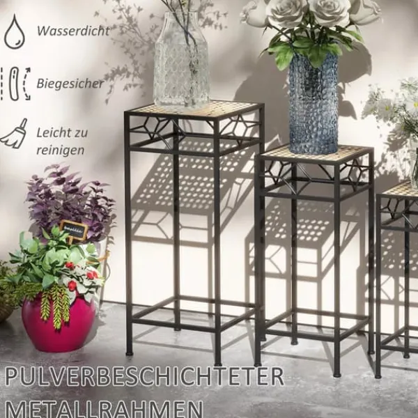 Online Outsunny 3-delt stabelbart plantestativ blomsterbord blomsterholder med rattan-look plantestativ til have altan metal guld Plantestativer