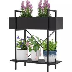 Plantestativer^Outsunny 2-etagers plantestativ i sort metal, 70 cm høj, til indendørs og udendørs brug, blomsterhylde til stue, have, altan