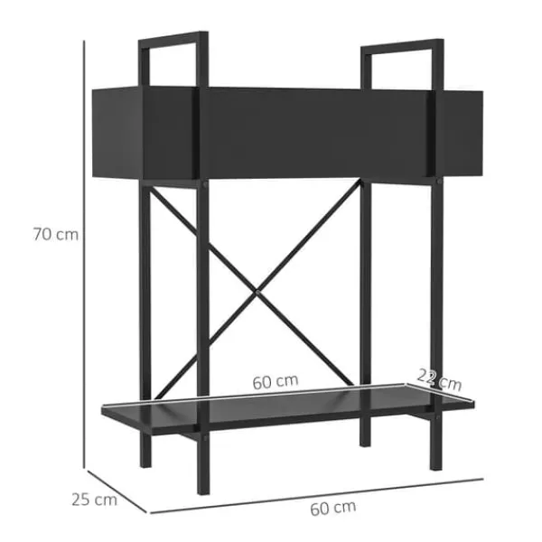 Plantestativer^Outsunny 2-etagers plantestativ i sort metal, 70 cm høj, til indendørs og udendørs brug, blomsterhylde til stue, have, altan