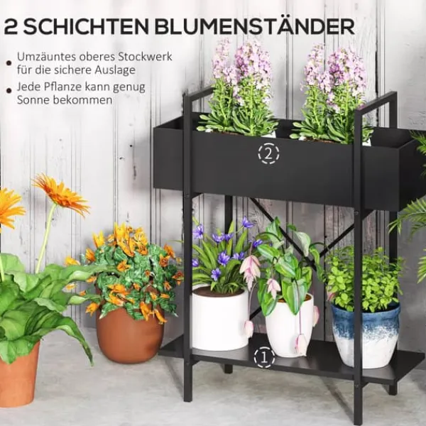 Plantestativer^Outsunny 2-etagers plantestativ i sort metal, 70 cm høj, til indendørs og udendørs brug, blomsterhylde til stue, have, altan