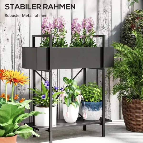 Plantestativer^Outsunny 2-etagers plantestativ i sort metal, 70 cm høj, til indendørs og udendørs brug, blomsterhylde til stue, have, altan