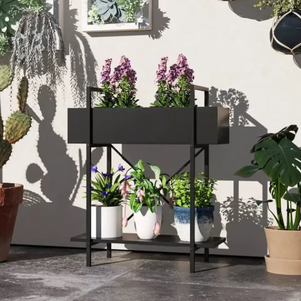 Plantestativer^Outsunny 2-etagers plantestativ i sort metal, 70 cm høj, til indendørs og udendørs brug, blomsterhylde til stue, have, altan