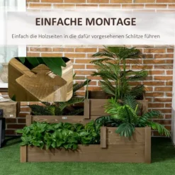 Plantningsbænke^Outsunny Hæbed med 3 niveauer i fyrretræ som er brun og har et ruminddelt design til urter og græntsager, 122 x 122 x 51 cm
