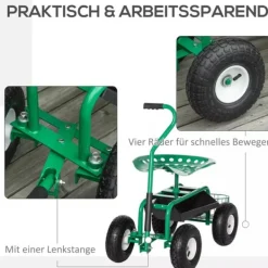 New Outsunny Havevogn med Drejesæde, Opbevaringskurv og Hæjdejusterbar - Grøn Metal Støtte Med Hjul, Sæder & Knæbeskyttelse Til Havepleje