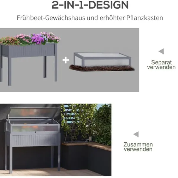 Drivhus^Outsunny Højbed med Drivhus, Grantræ og PC-Plade, Grå, 120x54x112/122cm