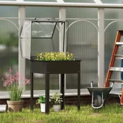 Outsunny Højbed med Drivhus, Plantekasse i Metal, 60x60x120 cm, Sort Drivhus