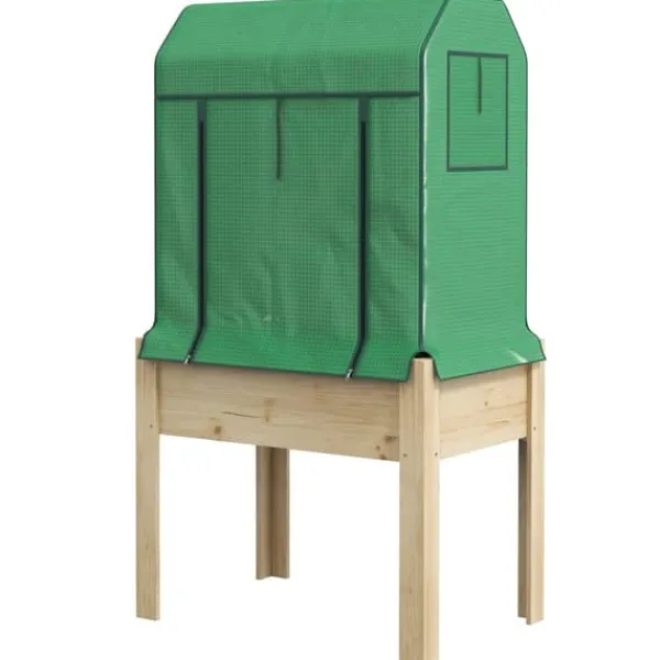 Drivhus^Outsunny Hjbed med Drivhus, urtebed i Tr med Fleece, Natur/Grn, 86x60x165cm