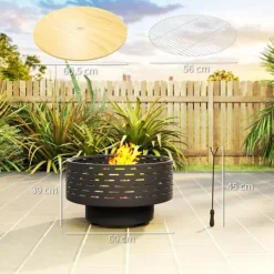Online Outsunny 3-i-1 bålsted med grillrist og gnistfang i koksgrå rustfrit stål, Ø60x39cm Pejse