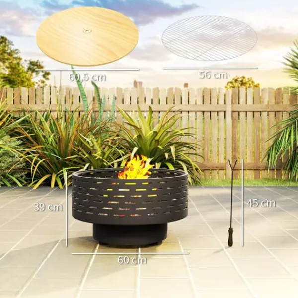 Online Outsunny 3-i-1 bålsted med grillrist og gnistfang i koksgrå rustfrit stål, Ø60x39cm Pejse
