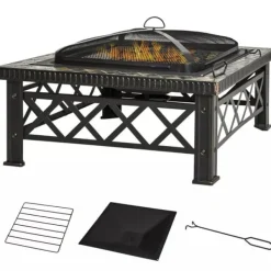 Pejse^Outsunny 3-i-1 Brændes PSkål, Ildkurv, Ildsted med Gnistskærm, Grillrist, Iskøler, Have BBQ Sort 76x76x47cm (Skifer, Stål)