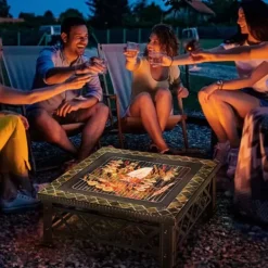 Pejse^Outsunny 3-i-1 Brændes PSkål, Ildkurv, Ildsted med Gnistskærm, Grillrist, Iskøler, Have BBQ Sort 76x76x47cm (Skifer, Stål)