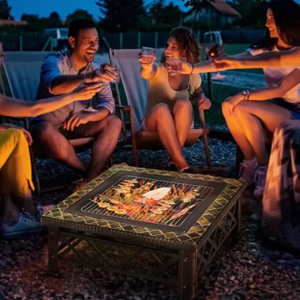 Pejse^Outsunny 3-i-1 Brændes PSkål, Ildkurv, Ildsted med Gnistskærm, Grillrist, Iskøler, Have BBQ Sort 76x76x47cm (Skifer, Stål)