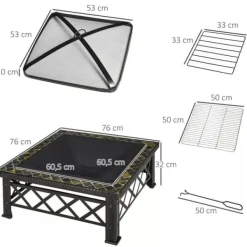 Pejse^Outsunny 3-i-1 Brændes PSkål, Ildkurv, Ildsted med Gnistskærm, Grillrist, Iskøler, Have BBQ Sort 76x76x47cm (Skifer, Stål)