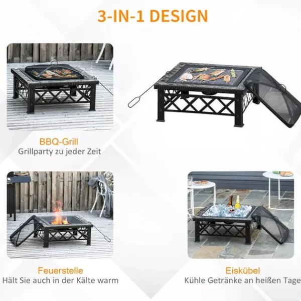 Pejse^Outsunny 3-i-1 Brændes PSkål, Ildkurv, Ildsted med Gnistskærm, Grillrist, Iskøler, Have BBQ Sort 76x76x47cm (Skifer, Stål)