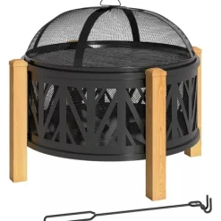 Pejse^Outsunny 2-i-1 Kildeskål Ø75 x 58 cm Bålsted med gnistfang og ildrager Grillrist, Metal, Sort+Brun