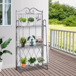 Plantestativer^Outsunny Plantestativ Metal Blomsterstativ med 3 Hylder, Blomstertrappe til Have, Sølvgrå, 44x25x96cm