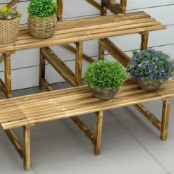 Outlet Outsunny Plantetrappe i fyrretræ, 3 trin, naturfarvet, 100 x 80 x 78cm Plantestativer