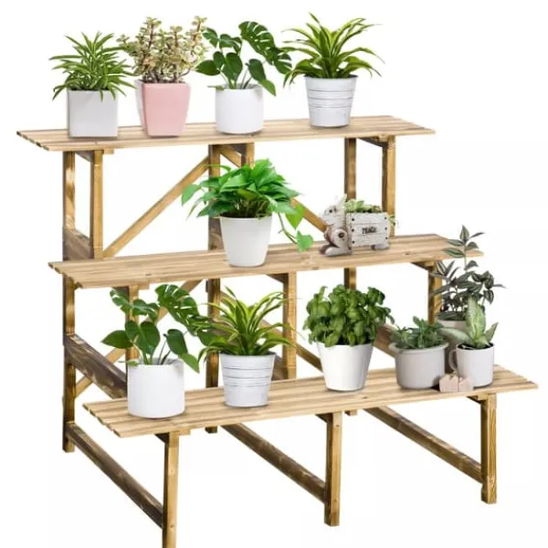 Outlet Outsunny Plantetrappe i fyrretræ, 3 trin, naturfarvet, 100 x 80 x 78cm Plantestativer