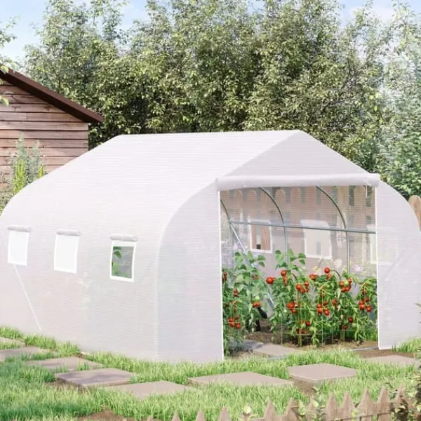 Drivhus^Outsunny Plastdrivhus 3,5x3x3m UV-beskyttelse Tomathus, Mesh-vindue, Vindtæt, til Have & Altan, Metal, Hvid