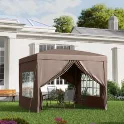 Outsunny Pop-up Pavillon 3x3m - Vandafvisende, Vinterfast, UV50+, Kaffe Polyester, m. 4 Sidepaneler Telte & Lysthuse