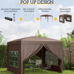 Outsunny Pop-up Pavillon 3x3m - Vandafvisende, Vinterfast, UV50+, Kaffe Polyester, m. 4 Sidepaneler Telte & Lysthuse