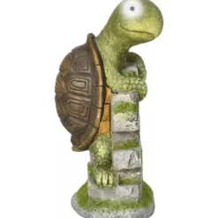 Outlet Outsunny Skildpadde Havefigur med Solcellelampe - Magnesiumoxid, Grøn/Brun, 36,5 cm Havedekorationer