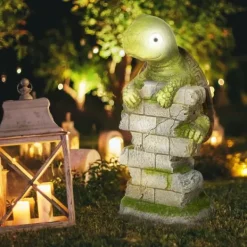 Outlet Outsunny Skildpadde Havefigur med Solcellelampe - Magnesiumoxid, Grøn/Brun, 36,5 cm Havedekorationer
