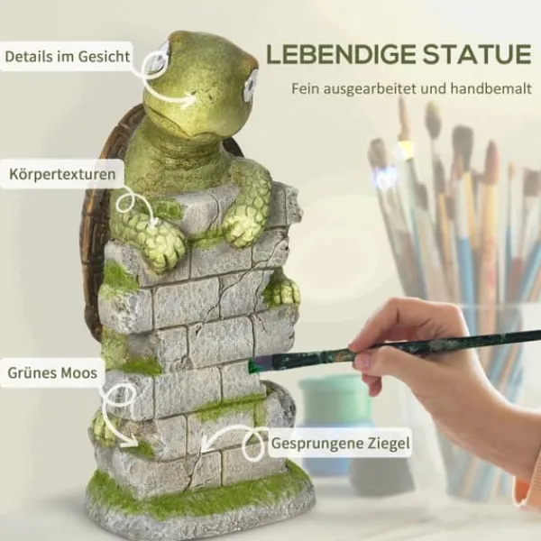 Outlet Outsunny Skildpadde Havefigur med Solcellelampe - Magnesiumoxid, Grøn/Brun, 36,5 cm Havedekorationer