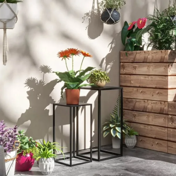 Plantestativer^Outsunny Sæt med 2 Plantestativer i Sort Stål - Stilfulde Blomsterstativer til Indendørs og Udendørs Brug