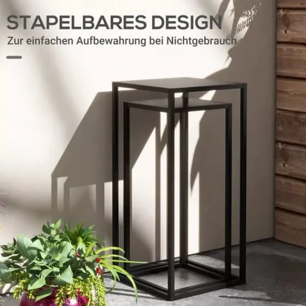 Plantestativer^Outsunny Sæt med 2 Plantestativer i Sort Stål - Stilfulde Blomsterstativer til Indendørs og Udendørs Brug