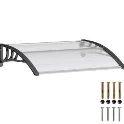 Best Outsunny Vordach til hoveddør, terrasseoverdækning, skråtag af polycarbonat, gennemsigtig, 75x100cm Buer, Spalier, Lysthuse Uden Tag