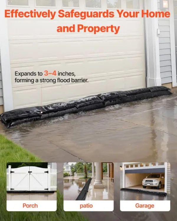 Outlet Oversvømmelsesspærre - Vandaktiverede sandfri sandsække 4-pak - 153 x 21 cm - Genanvendelig - Vandabsorberende barriere - Til dør, kælder, garage Beredskabsplaner