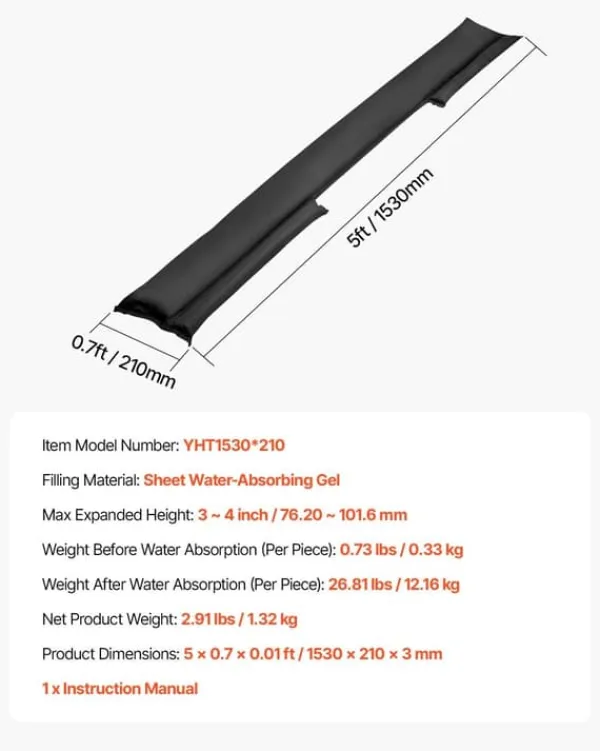 Outlet Oversvømmelsesspærre - Vandaktiverede sandfri sandsække 4-pak - 153 x 21 cm - Genanvendelig - Vandabsorberende barriere - Til dør, kælder, garage Beredskabsplaner