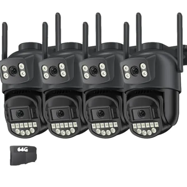 Sikkerhedsmonitorer & Videokameraer^Overvågningskamera, Dobbelt Linse, Nattesyn,4PCs CAM 64G kort, EU stik