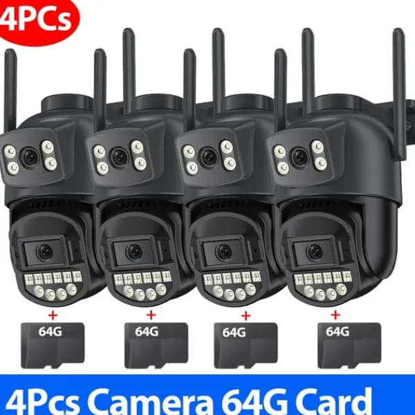 Sikkerhedsmonitorer & Videokameraer^Overvågningskamera, Dobbelt Linse, Nattesyn,4PCs CAM 64G kort, EU stik