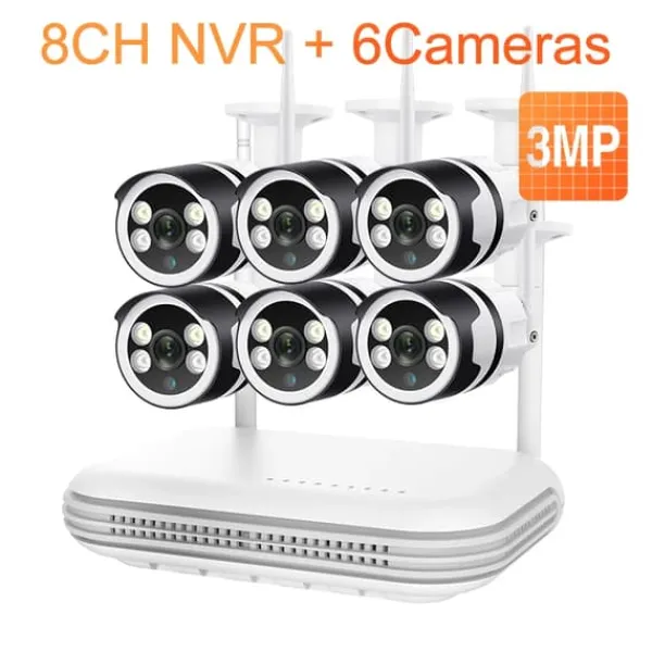 Discount Overvågningskamera System, 5MP Opløsning, To-vejs Lyd,8CH og 6stk 3MP Kamera, EU Stik, Ingen Sikkerhedsmonitorer & Videokameraer