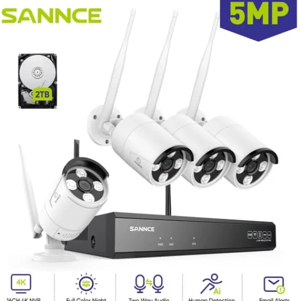Clearance Overvågningskamera System, 5MP Opløsning, Smart Nattesyn,4STK Sikkerhedsmonitorer & Videokameraer
