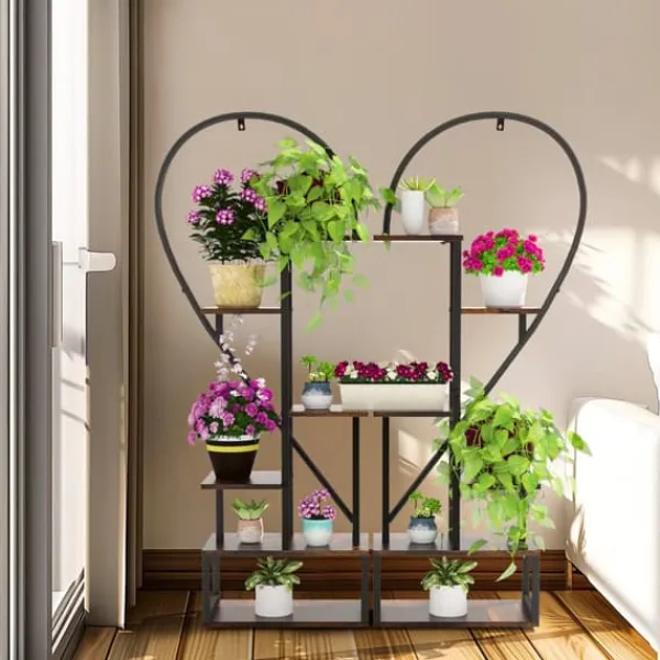 Plantestativer^2-pak halvt hjerteformet planteholder i metal, 6-etagers havehylde med kroge, sort, str. S