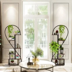Plantestativer^2-pak halvt hjerteformet planteholder i metal, 6-etagers havehylde med kroge, sort, str. S