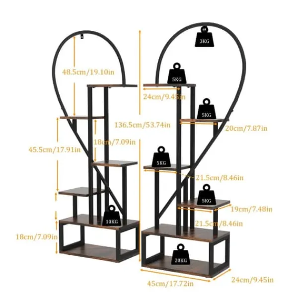 Plantestativer^2-pak halvt hjerteformet planteholder i metal, 6-etagers havehylde med kroge, sort, str. S